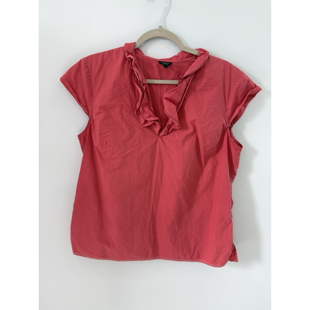 Talbots Coral Ruffle V-Neck Cotton Blouse Large Cap Sleeve Casual Summer Top